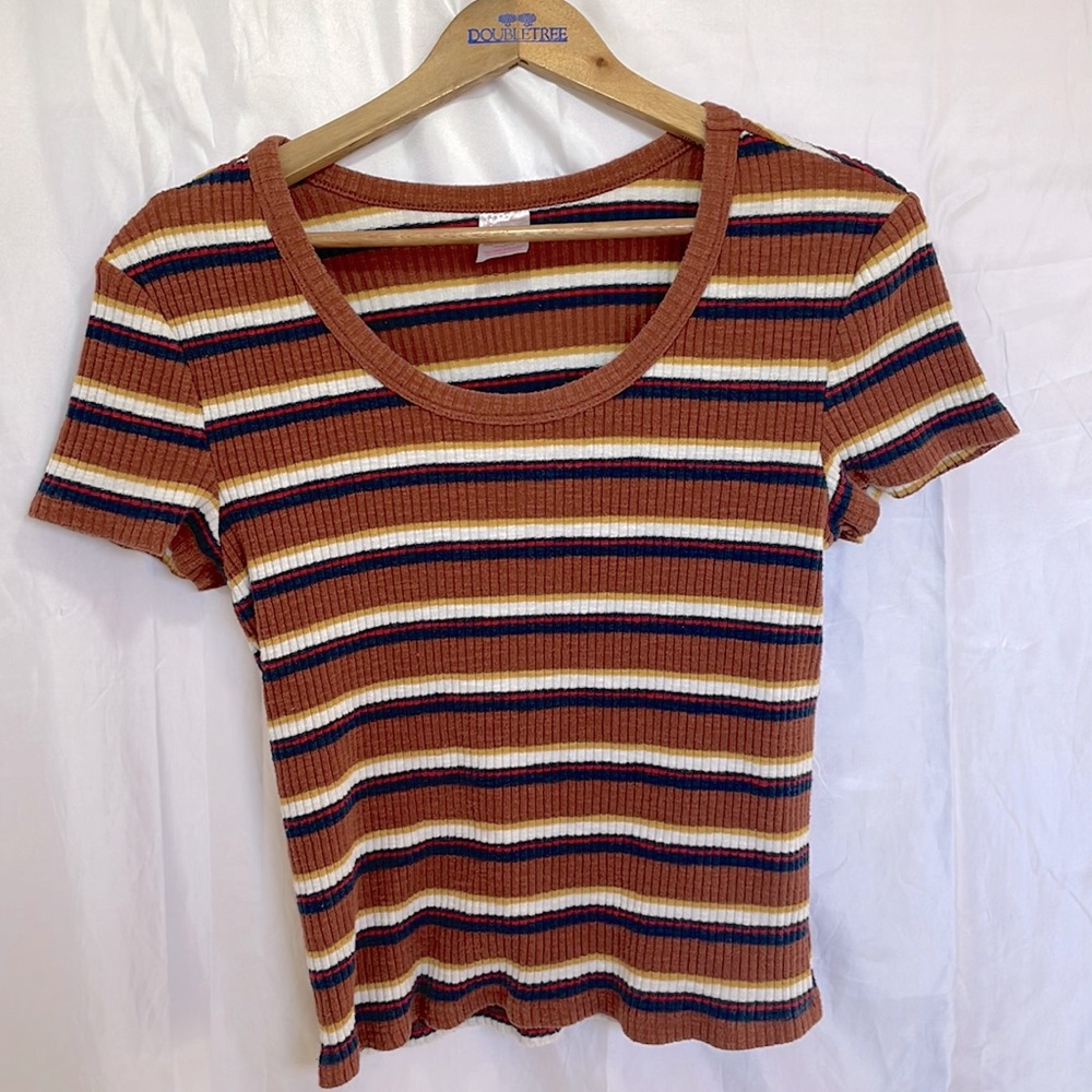Multi-Colored Striped Rib Knit T-Shirt